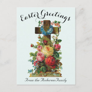 Blue Floral Cross Vintage Easter Religious Postcard