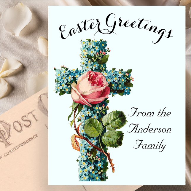 Blue Floral Cross Vintage Easter Religious Postcard (Creator Uploaded)