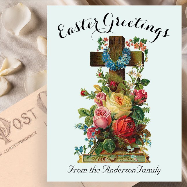 Blue Floral Cross Vintage Easter Religious Postcard (Creator Uploaded)
