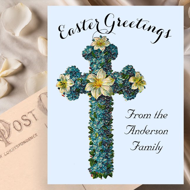 Blue Floral Cross Vintage Easter Religious Postcard (Creator Uploaded)