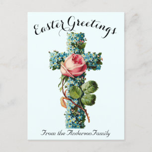 Blue Floral Cross Vintage Easter Religious Postcard