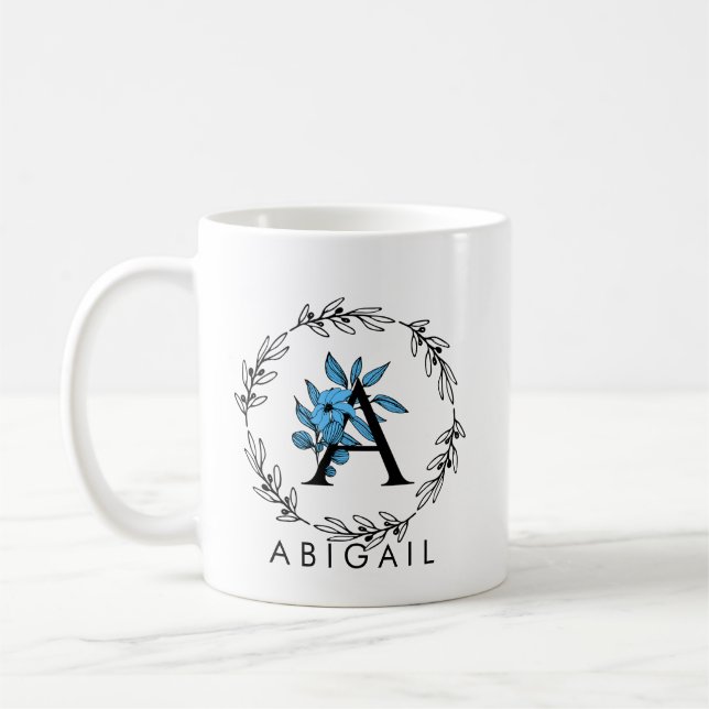 Blue Floral Custom Monogram - Letter A Coffee Mug (Left)