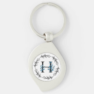 Blue Floral Custom Monogram - Letter H Key Ring