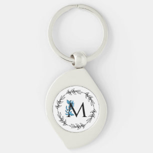 Blue Floral Custom Monogram - Letter M Key Ring