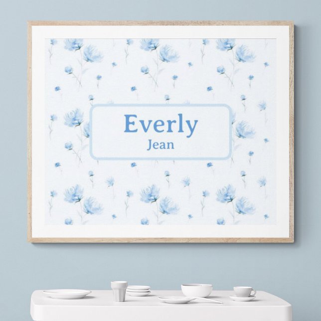 Blue Floral Custom Name Decor Baby Nursery (Customize name! Shown with white mat and wood frame. (you will receive print only). Thank you!)