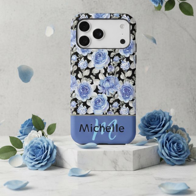 Blue Floral Custom Name Stylish Roses on Black (Creator Uploaded)