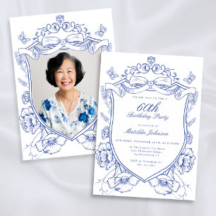 Blue Floral Custom Photo 60th Birthday Party Invitation