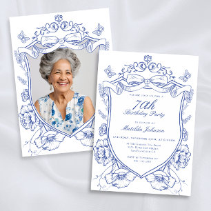 Blue Floral Custom Photo 70th Birthday Party Invitation