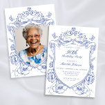 Blue Floral Custom Photo 90th Birthday Party Invitation<br><div class="desc">Blue Floral Custom Photo 90th Birthday Party Invitation. Celebrate your milestone with this blue floral invitation featuring a vintage crest and an elegant Chinoiserie design. Delicate details and timeless patterns create a sophisticated look, perfect for marking life’s special moments. Customisable and graceful, this invitation blends classic charm with refined artistry,...</div>