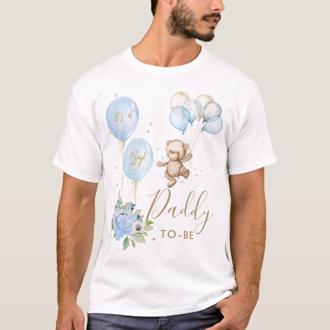 Blue Floral Cute Bear Boy Baby Shower Daddy to be  T-Shirt (Front)