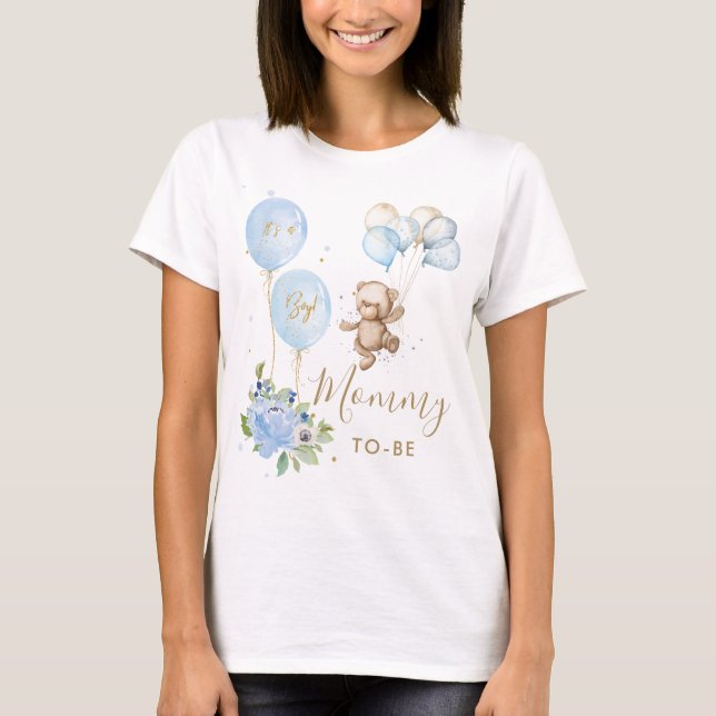 Blue Floral Cute Bear Boy Baby Shower Mummy to be  T-Shirt (Front)