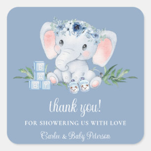 Blue Floral Cute Elephant Boy Baby Shower Sticker