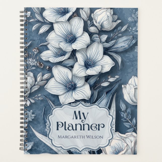 Blue Floral Daily Planner Agenda Notebook Journal (Front)