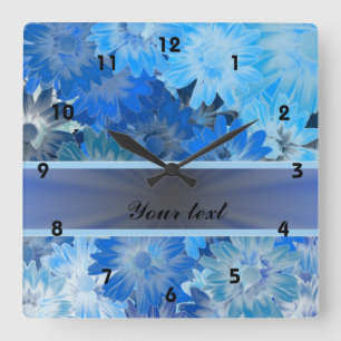 Blue Floral Daisy Pattern Square Wall Clock