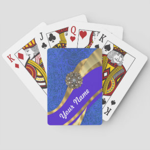 Blue floral damask & gold ribbon playing cards