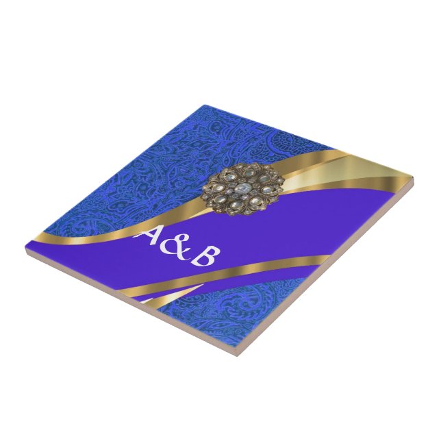 Blue floral damask & gold ribbon tile (Side)