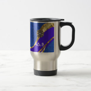 Blue floral damask & gold ribbon travel mug