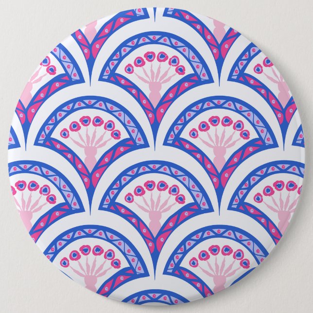 blue floral damask pattern  6 cm round badge (Front)