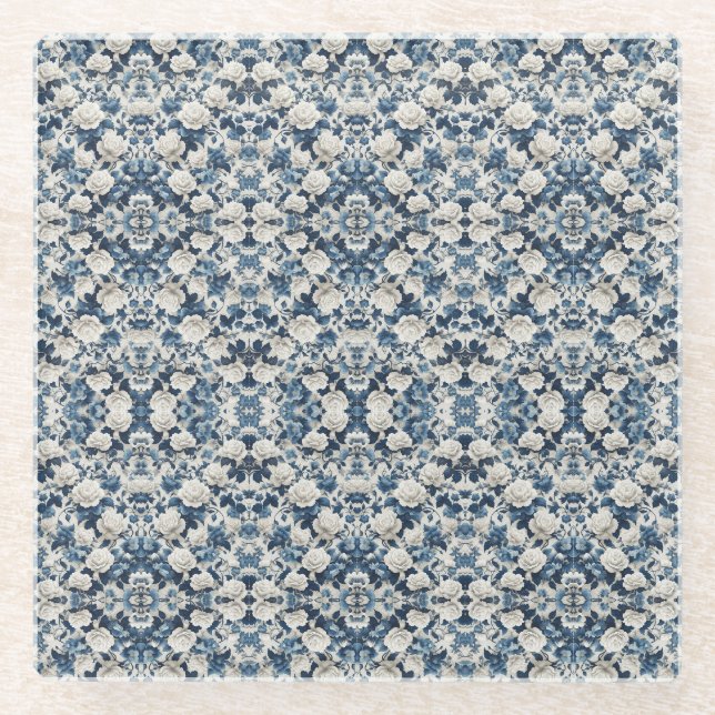 Blue Floral Damask Pattern Blanket Glass Coaster (Front)