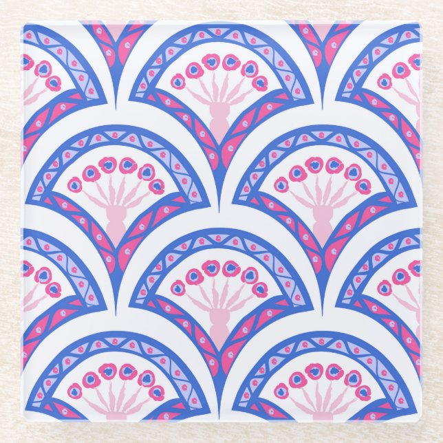 blue floral damask pattern  glass coaster (Front)
