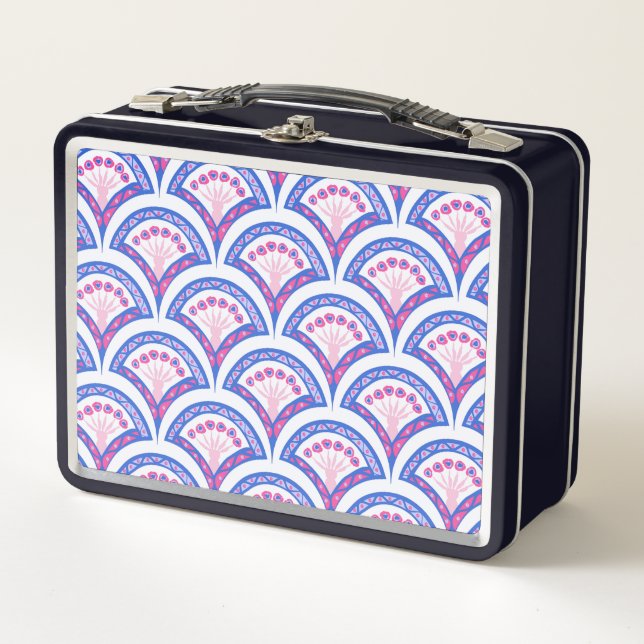 blue floral damask pattern  metal lunch box (Front)
