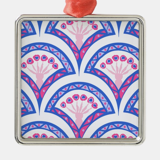 blue floral damask pattern  metal tree decoration (Front)