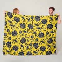 Blue Floral Damask Pattern On Yellow