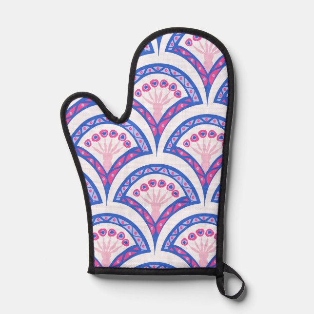 blue floral damask pattern  oven mitt (Front)