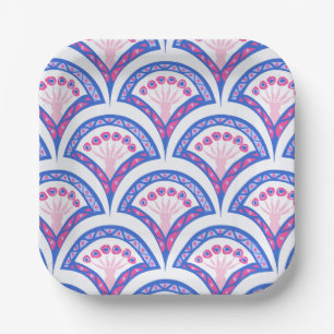 blue floral damask pattern paper plate