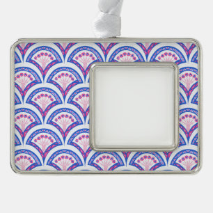 blue floral damask pattern silver plated framed ornament