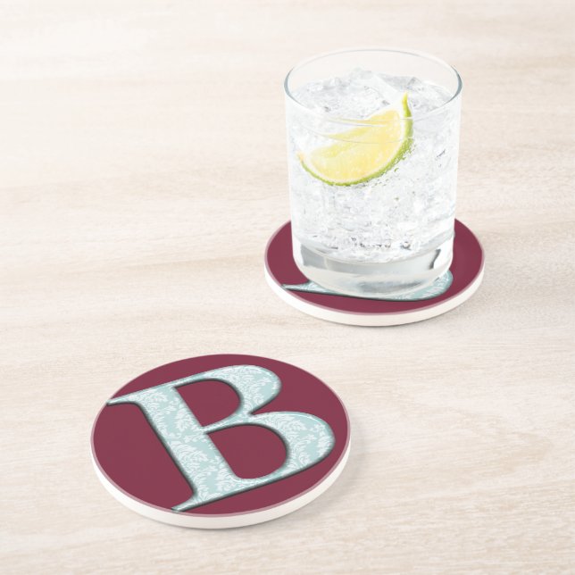 Blue Floral Damask Print B monogram initials Coaster (Side)