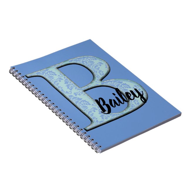 Blue Floral Damask Print B monogram initials Notebook (Right Side)