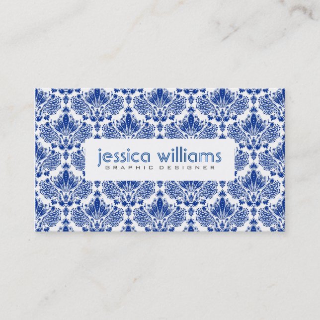 Blue Floral Damasks On White Business Card (Front)