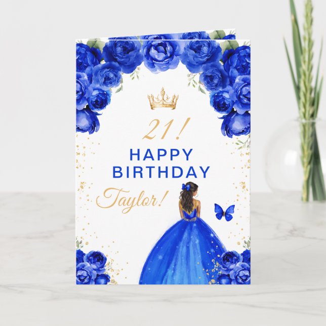 Blue Floral Dark Skin Girl Happy Birthday Card (Front)