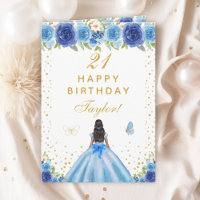 Blue Floral Dark Skin Girl Happy Birthday