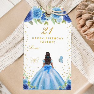 Blue Floral Dark Skin Girl Happy Birthday Gift Tags
