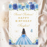 Blue Floral Dark Skin Girl Sweet Sixteen Card<br><div class="desc">This elegant and glamourous sweet sixteen birthday card can be personalised with a name or title such as daughter, granddaughter, niece, friend etc. The design features a beautiful princess with dark hair and dark skin in a blue ball gown. The text combines handwritten script and modern sans serif fonts for...</div>