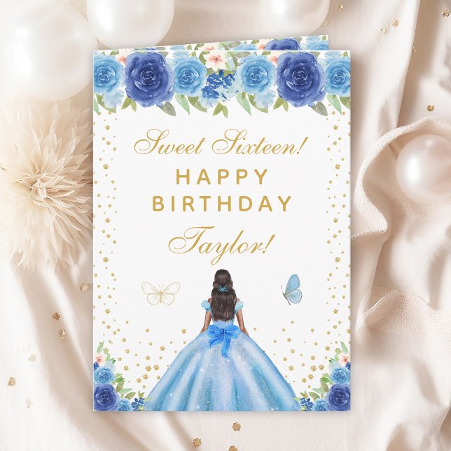 Blue Floral Dark Skin Girl Sweet Sixteen Card (Creator Uploaded)