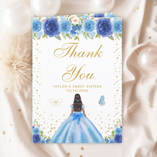 Blue Floral Dark Skin Girl Sweet Sixteen Thank You Card (Creator Uploaded)