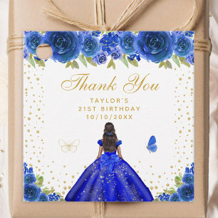 Blue Floral Dark Skin Princess Birthday Party Favour Tags