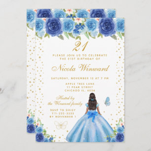 Blue Floral Dark Skin Princess Birthday Party Invitation