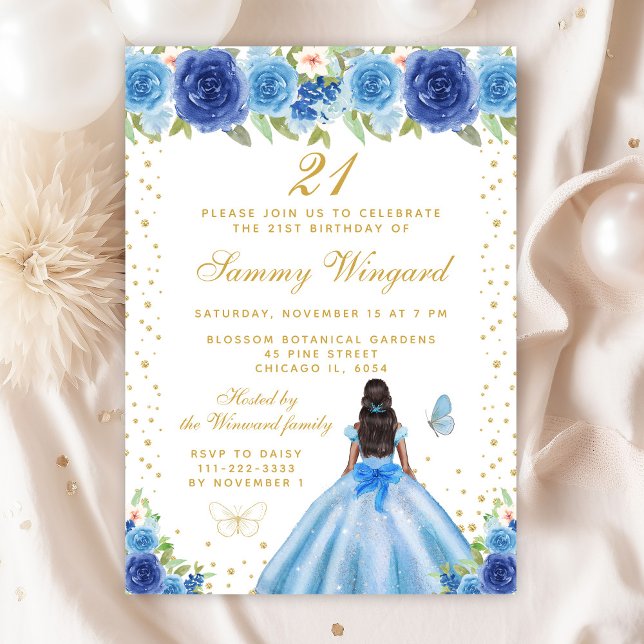 Blue Floral Dark Skin Princess Birthday Party Invitation (Creator Uploaded)