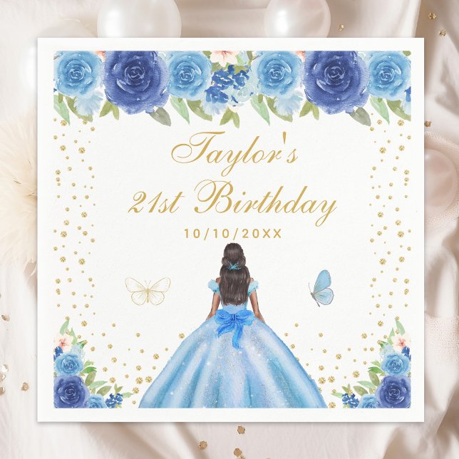 Blue Floral Dark Skin Princess Birthday Party Napkin (Creator Uploaded)
