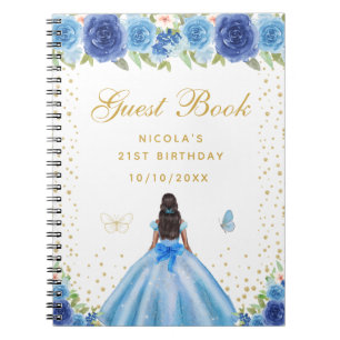 Blue Floral Dark Skin Princess Birthday Party Notebook