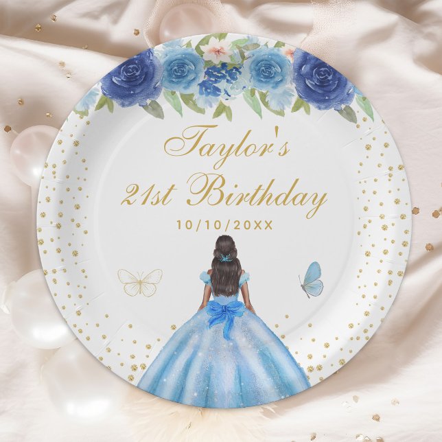 Blue Floral Dark Skin Princess Birthday Party Paper Plate (Creator Uploaded)