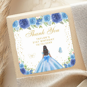 Blue Floral Dark Skin Princess Birthday Party Square Sticker
