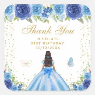 Blue Floral Dark Skin Princess Birthday Party Square Sticker