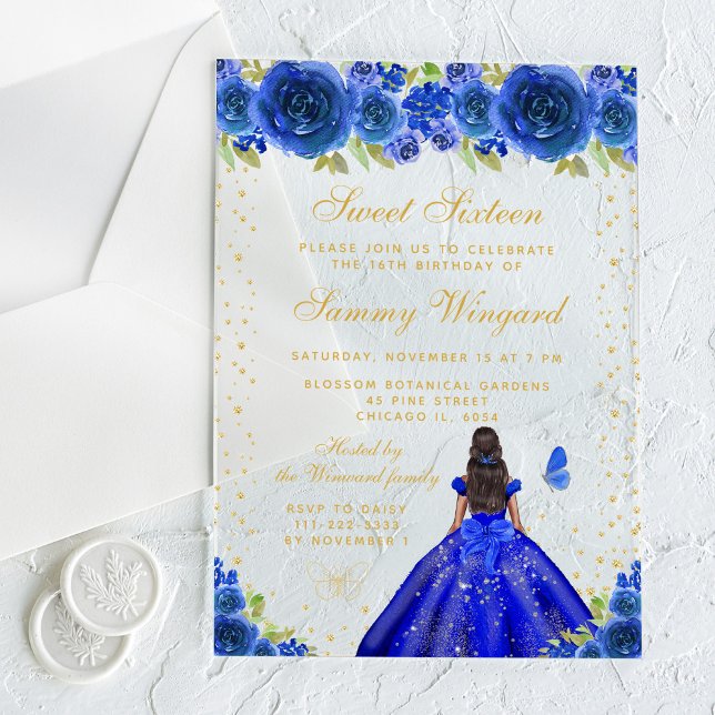 Blue Floral Dark Skin Princess Sweet Sixteen Acrylic Invitations (Creator Uploaded)