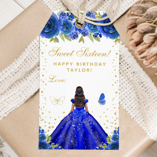 Blue Floral Dark Skin Princess Sweet Sixteen Gift Tags
