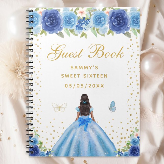 Blue Floral Dark Skin Princess Sweet Sixteen Notebook (Creator Uploaded)